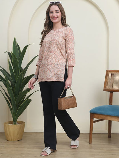 Peach Color Cambric Cotton Fabric Designer Printed Formal Short Kurta