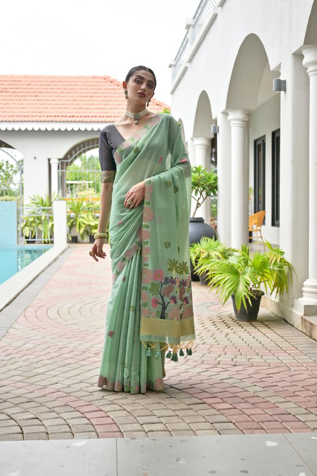 Pista Color Chanderi Cotton Fabric Weaving Reshan Flower Designer Ethnic Saree