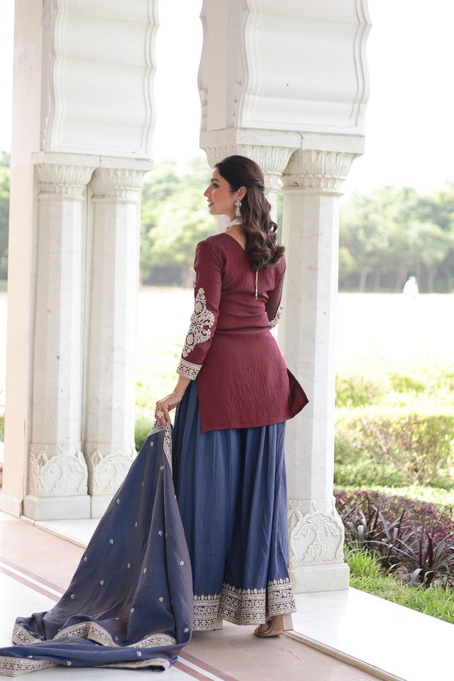 Maroon Color Designer Ethnic Heavy Partywear Suit For Ceremonial Looks