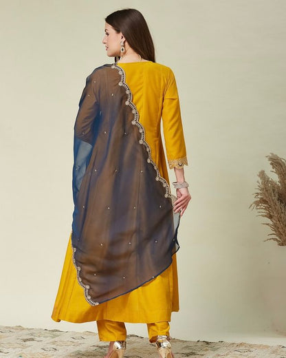 Yellow Color Vichitra Fabric Beautiful Partywear Dress For Girls
