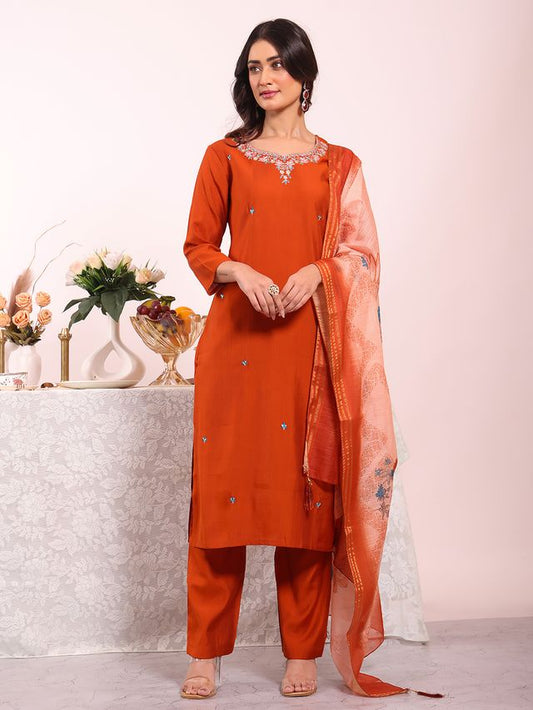 Rust Color Poly Silk Fabric Smart Ethnic Partywear Kurta Set