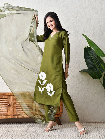 Mahendi Color Roman Silk Fabric Designer Partywear Readymade Suit