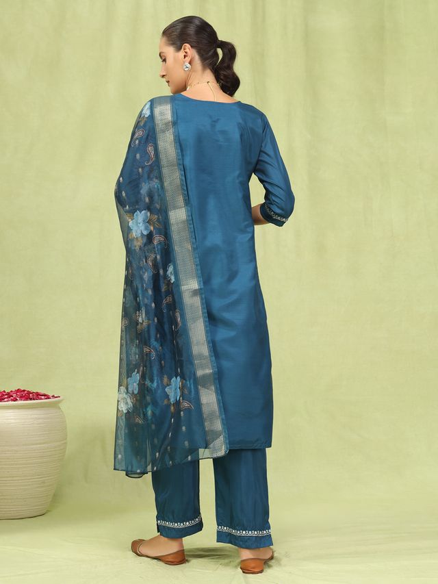 Blue Color Silk Blend Fabric Designer Embroidered Suit