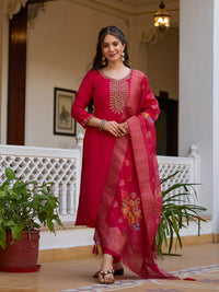 Viscose Chanderi Fabric Straight Kurta, Pant and Dupatta Set 23 Red
