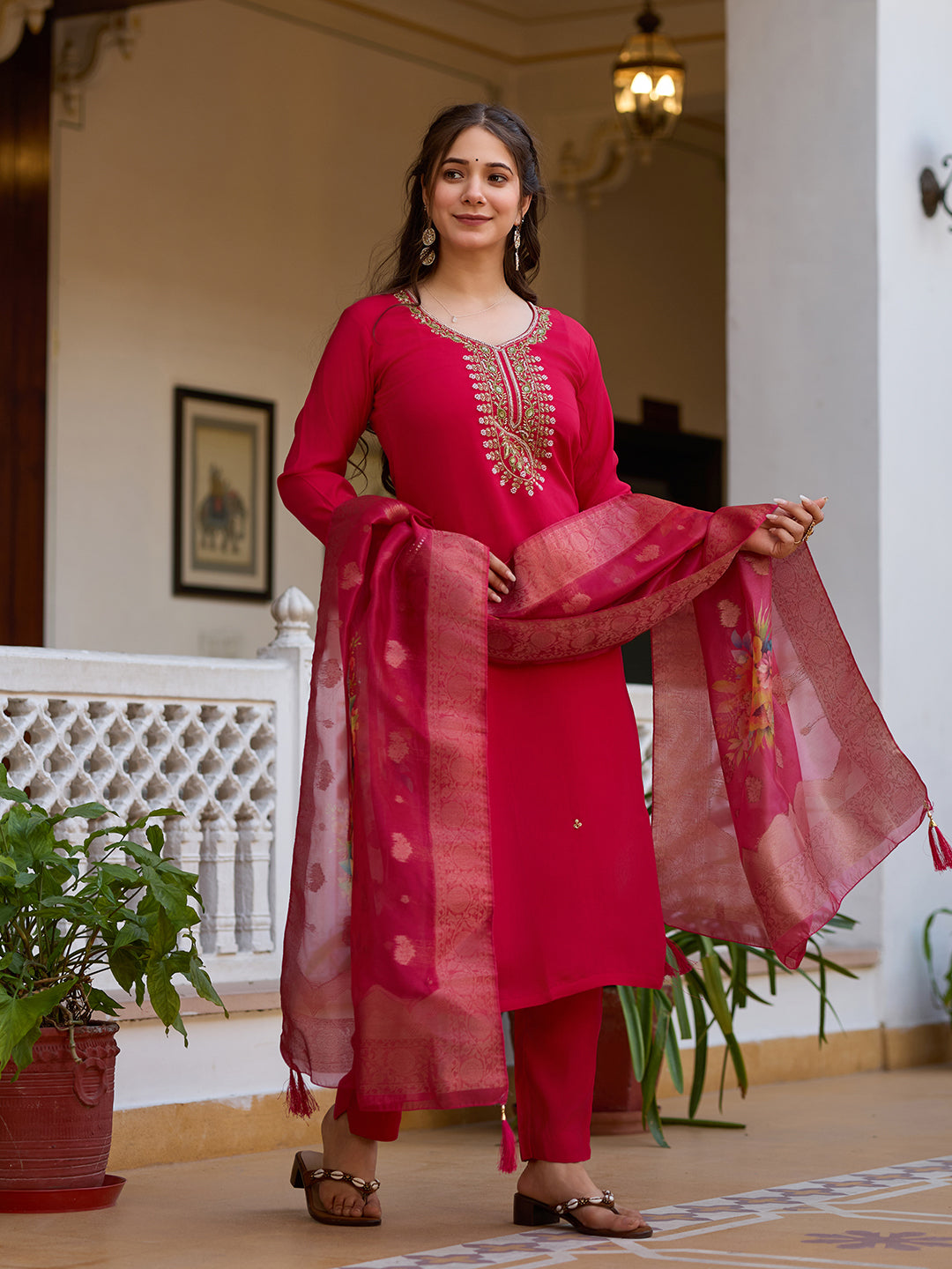 Viscose Chanderi Fabric Straight Kurta, Pant and Dupatta Set 23 Red
