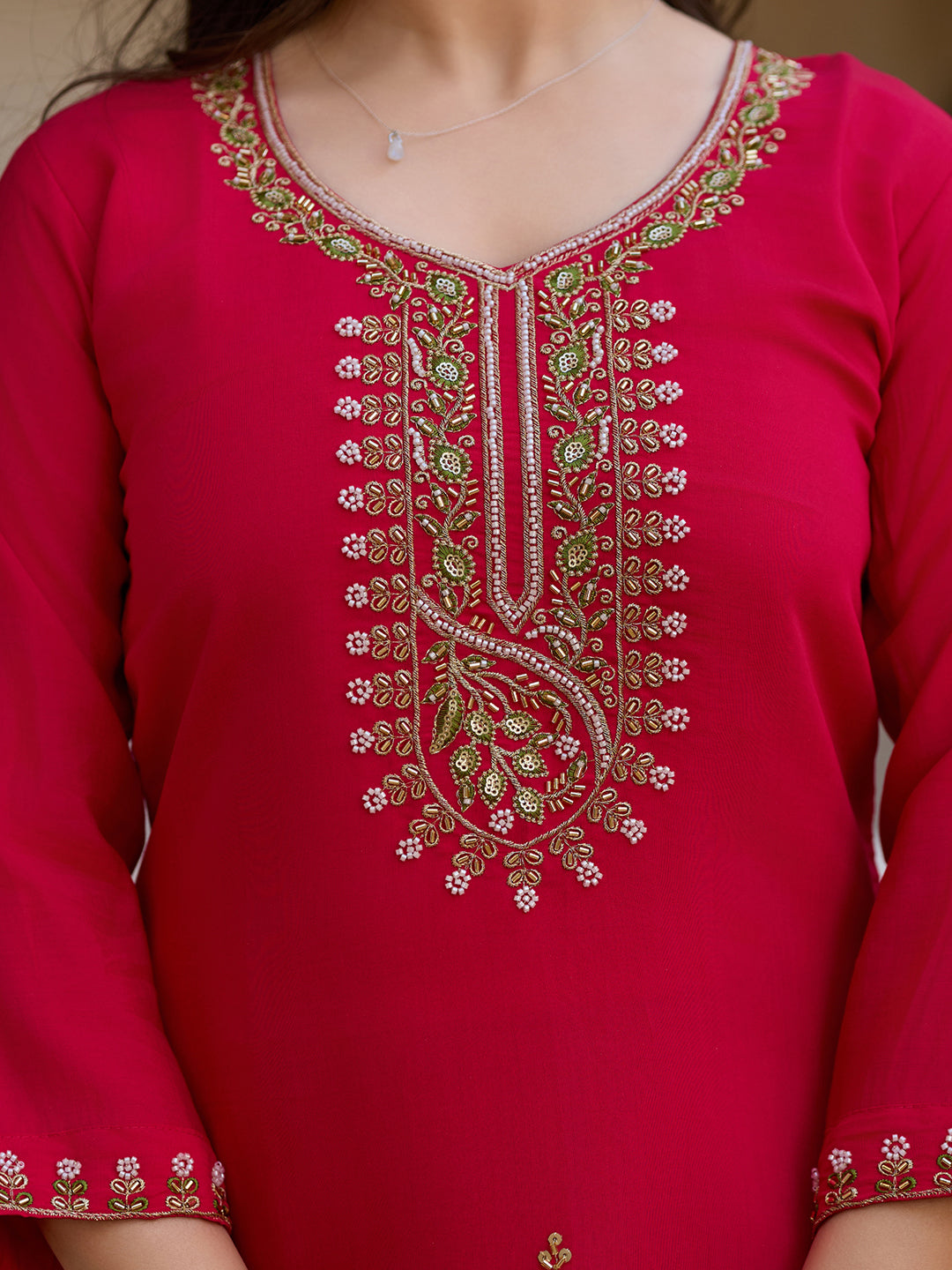 Viscose Chanderi Fabric Straight Kurta, Pant and Dupatta Set 23 Red