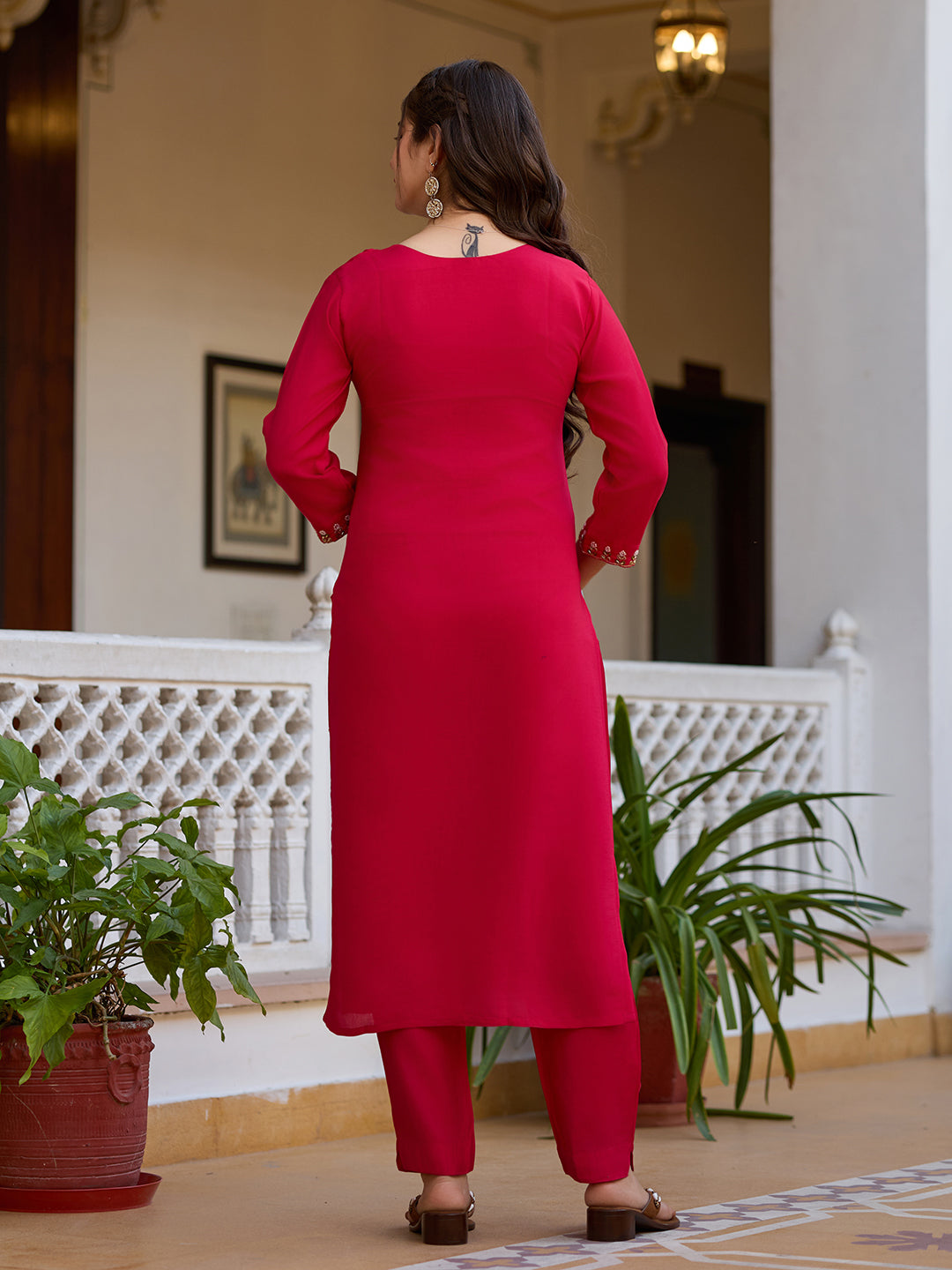 Viscose Chanderi Fabric Straight Kurta, Pant and Dupatta Set 23 Red