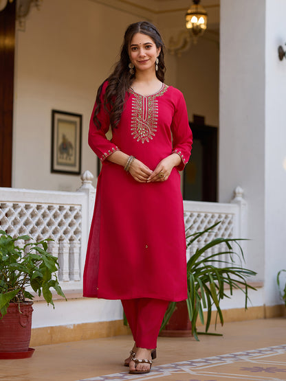 Viscose Chanderi Fabric Straight Kurta, Pant and Dupatta Set 23 Red