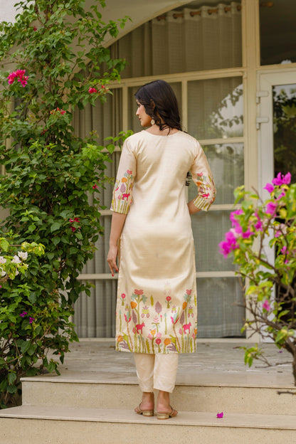 Women's Viscose Assam Silk Embroidered Straight Kurta with Pant And Dupatta Set