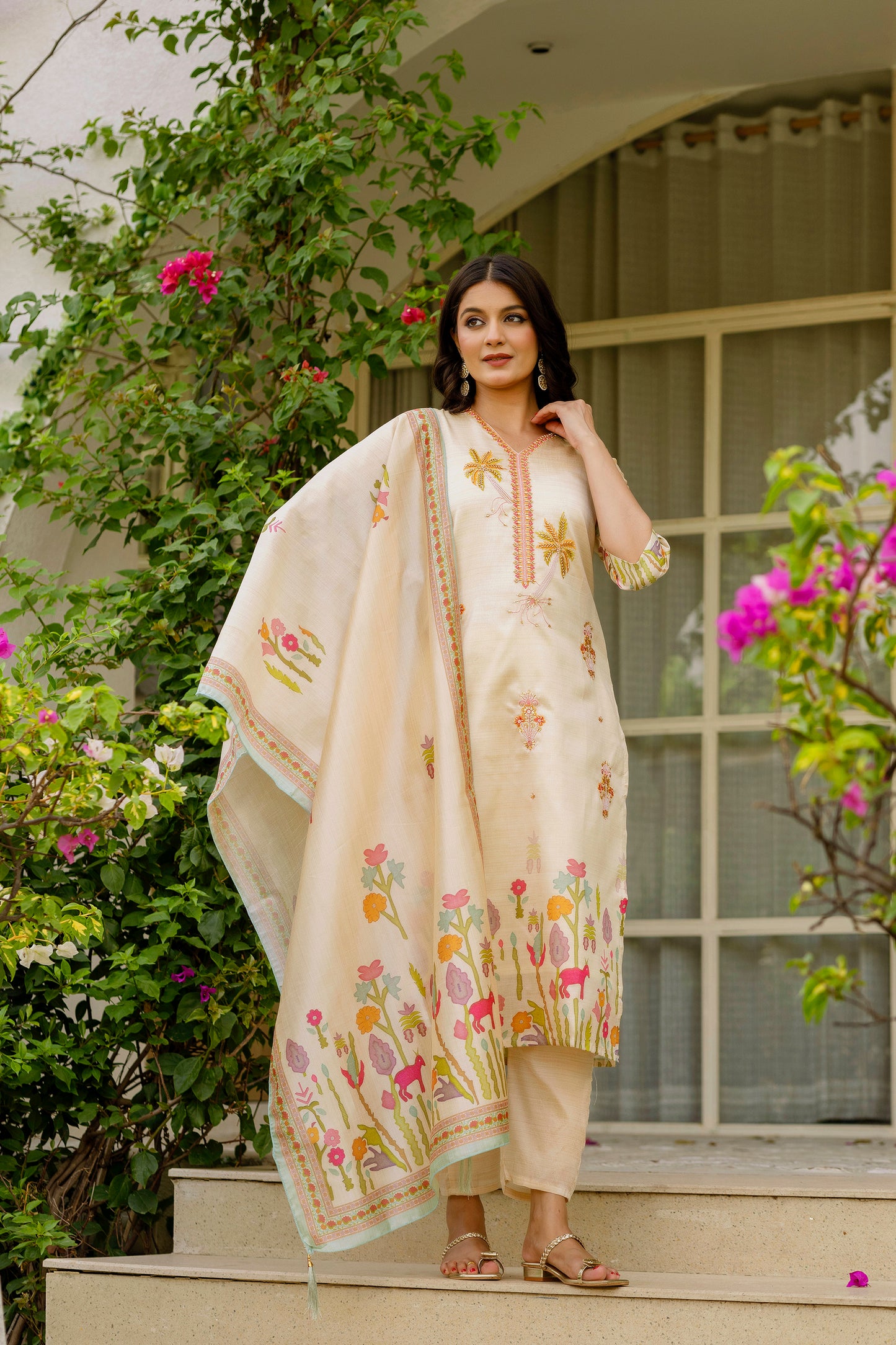 Women's Viscose Assam Silk Embroidered Straight Kurta with Pant And Dupatta Set