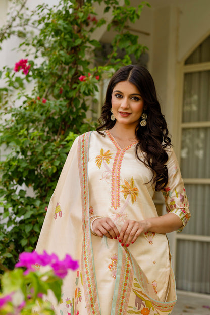 Women's Viscose Assam Silk Embroidered Straight Kurta with Pant And Dupatta Set