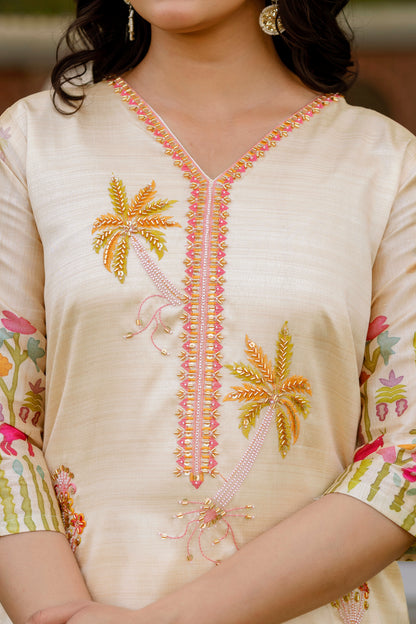 Women's Viscose Assam Silk Embroidered Straight Kurta with Pant And Dupatta Set