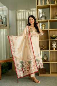 Women's Beautiful Viscose Assam Silk Embroidered Straight Kurta with Pant And Dupatta Set