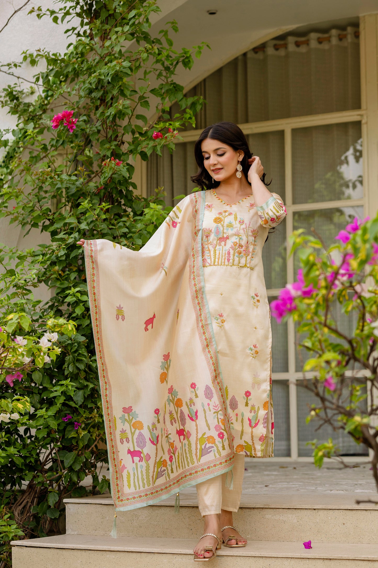 Women's Beautiful Viscose Assam Silk Embroidered Straight Kurta with Pant And Dupatta Set