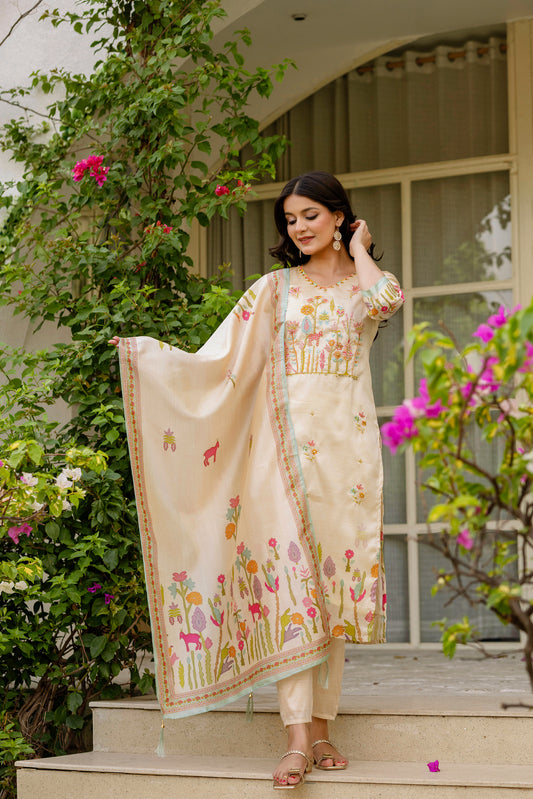 Women's Beautiful Viscose Assam Silk Embroidered Straight Kurta with Pant And Dupatta Set