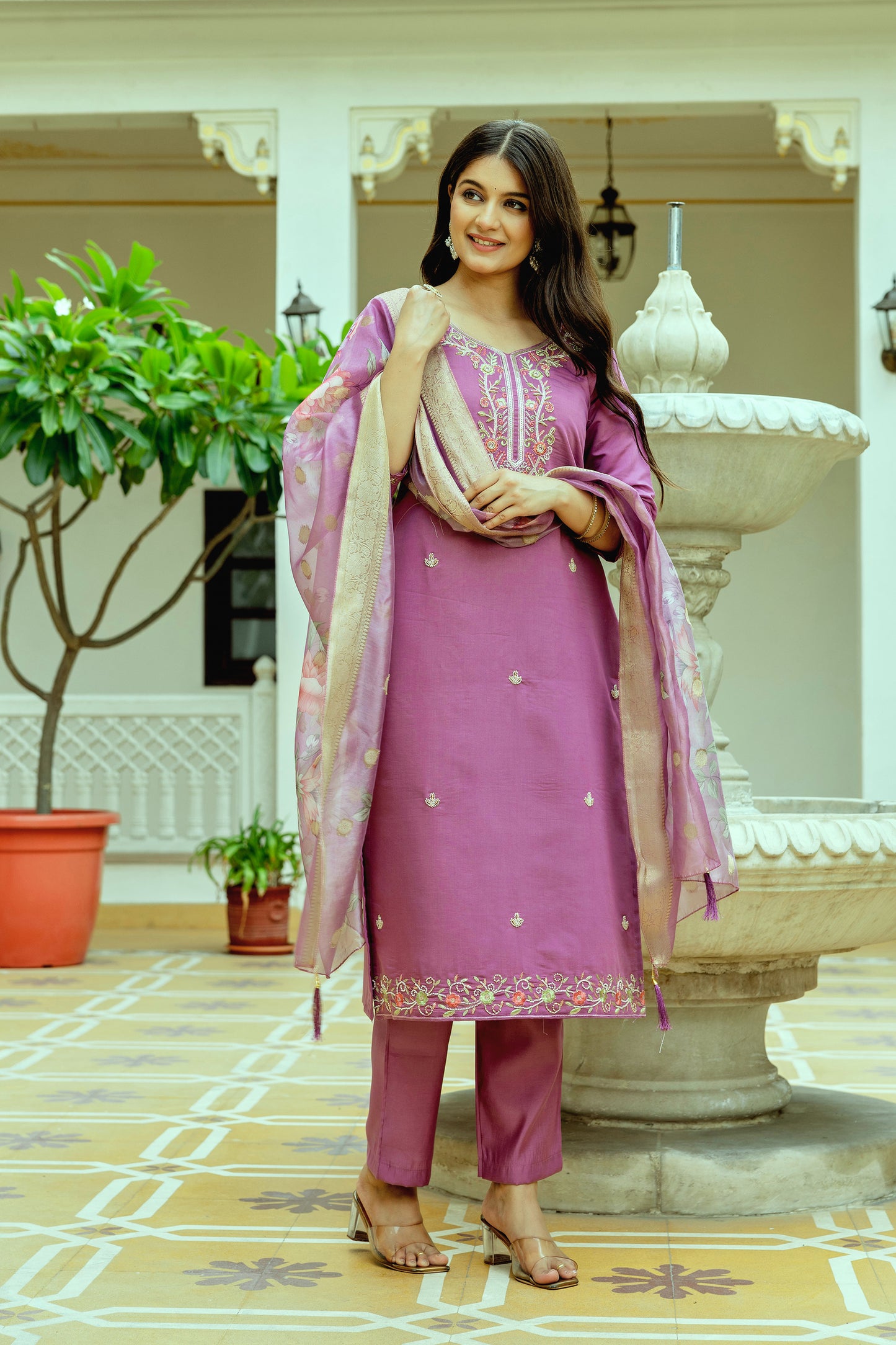 Women Beautiful Embroidery Viscose Chanderi Silk Fabric with Straight Kurta, Pant and Dupatta Set
