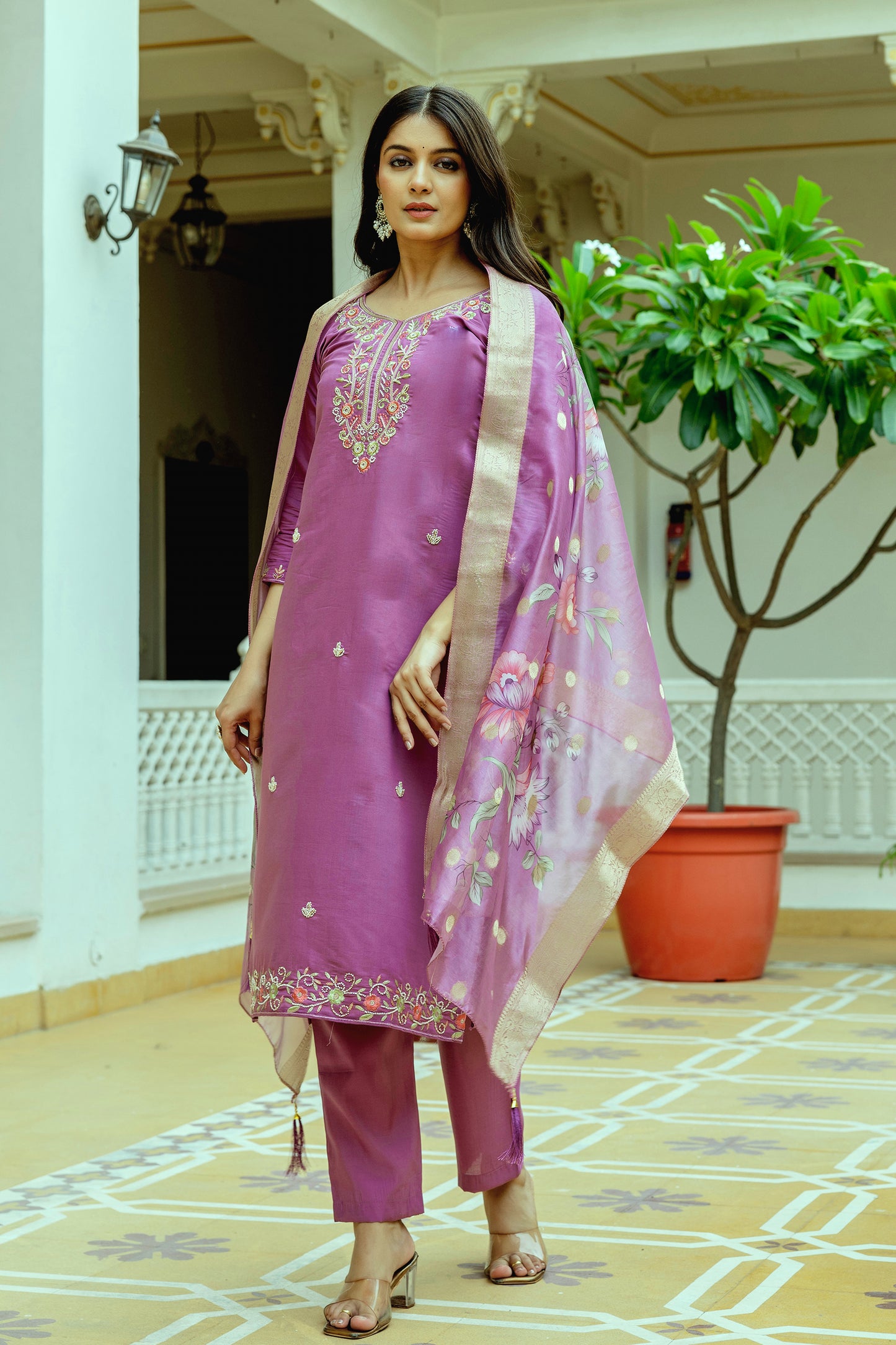 Women Beautiful Embroidery Viscose Chanderi Silk Fabric with Straight Kurta, Pant and Dupatta Set