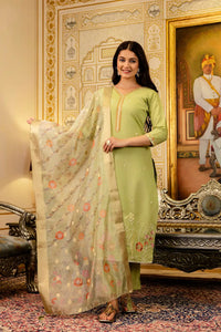 Women's Beautiful Viscose Shimer Fabric Embroidery Work Straight Kurta Pant and Dupatta Set