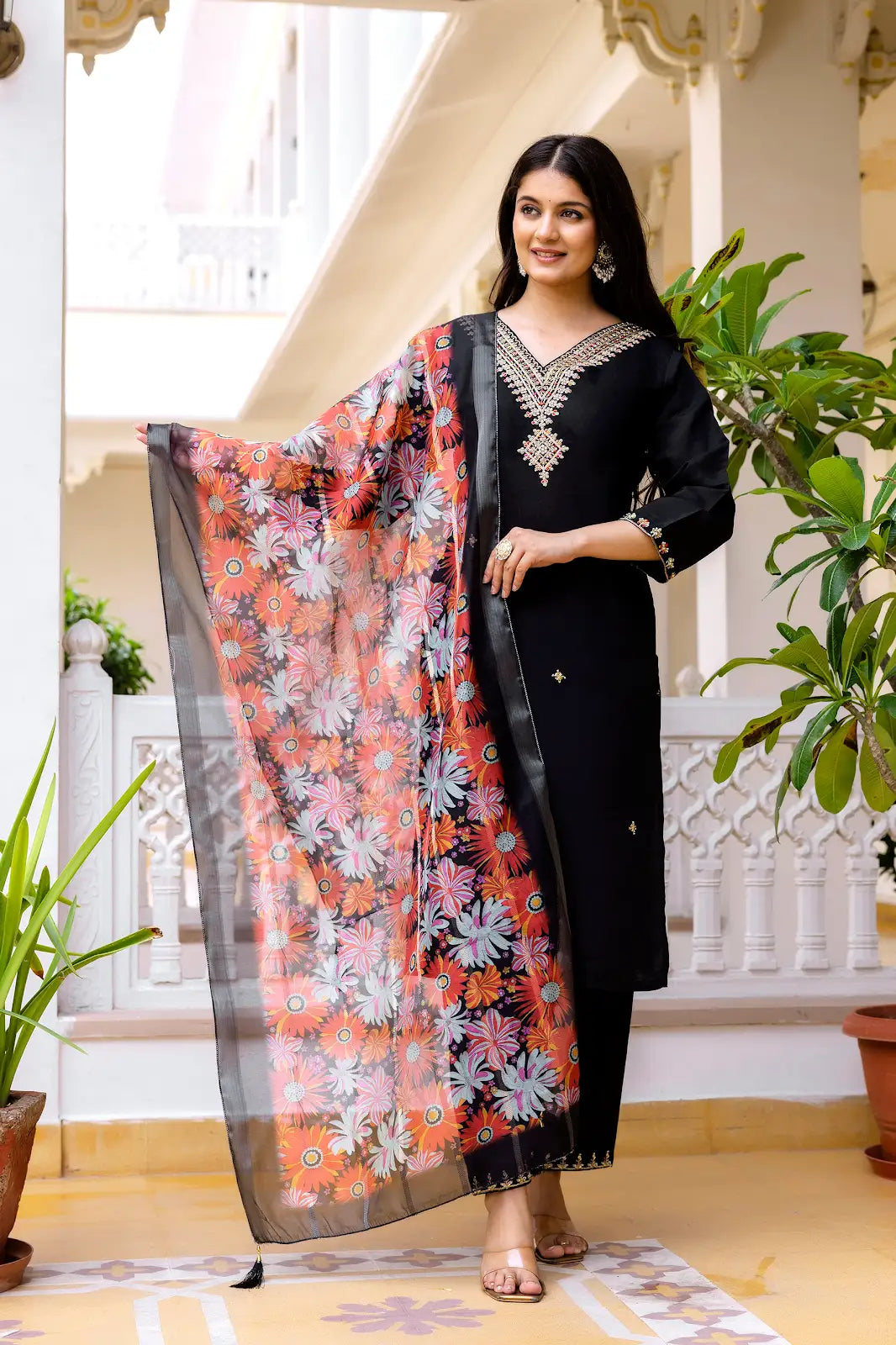 Women's Beautiful Viscose Chanderi Fabric Embroidery Work Straight Kurta Pant and Dupatta Set
