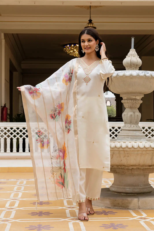 Women's Beautiful Viscose Chanderi Fabric Embroidery Work Straight Kurta Pant and Dupatta Set