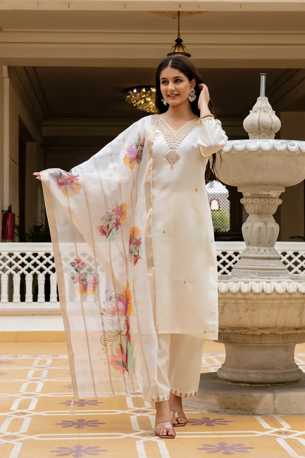 Women's Beautiful Viscose Chanderi Fabric Embroidery Work Straight Kurta Pant and Dupatta Set