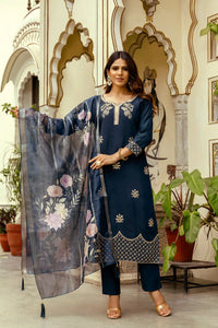 Women's Beautiful Viscose Chanderi Fabric Thread Work Straight Kurta Pant and Dupatta Set