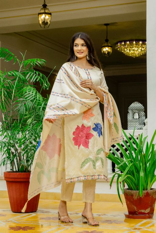 Women Beautiful Thread Work Viscose Assam Silk Fabric with Straight Kurta, Pant and Dupatta Set