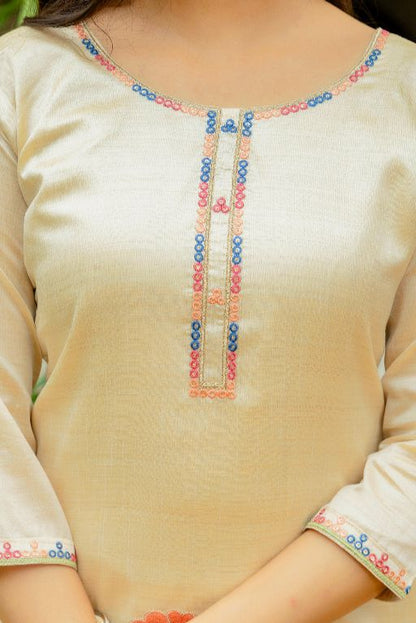 Women Beautiful Thread Work Viscose Assam Silk Fabric with Straight Kurta, Pant and Dupatta Set
