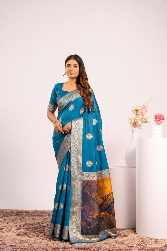 Firozi Color Banarasi Silk Fabric Designer Partywear Saree