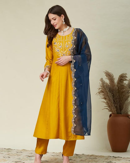 Yellow Color Vichitra Fabric Beautiful Partywear Dress For Girls