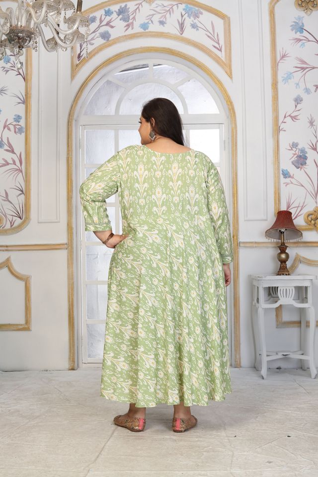 Green Color Rayon Fabric Designer Printed Plus Size Kurta For Girls