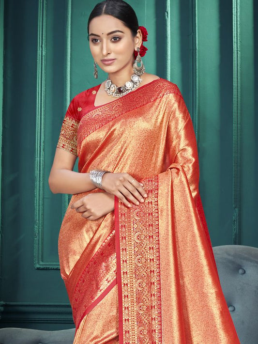 Orange Color Traditional Kanjivaram Silk Saree With Beautiful Woven Designer