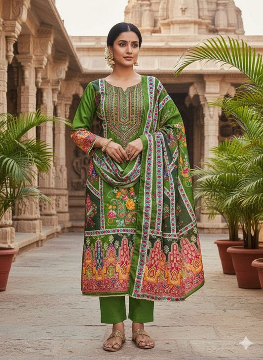 Green Color Chinon Fabric Designer Printed Ethnic Ceremonial Suit