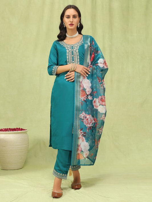 Rama Color Viscose Roman Silk Fabric Designer Embroidered Suit