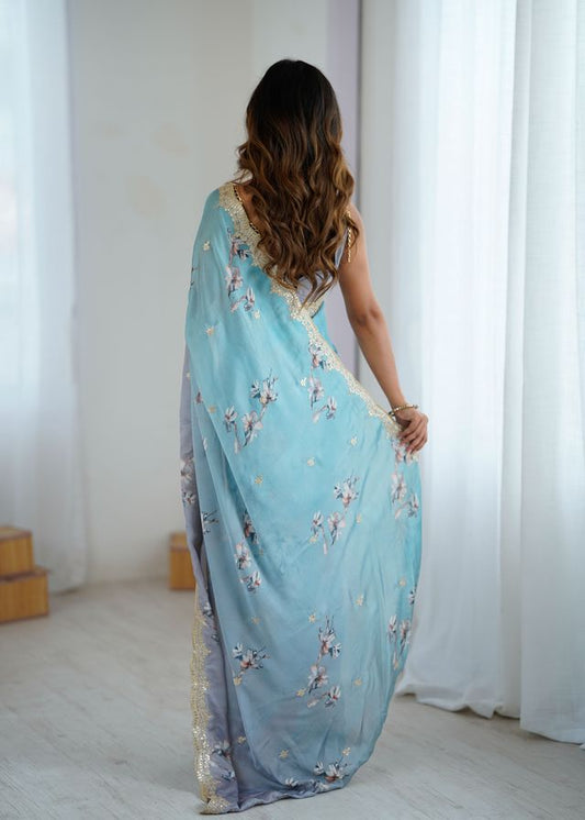 Sky-Grey Color Beautiful Satin Chiffon Fabric Beautiful Stylish Saree