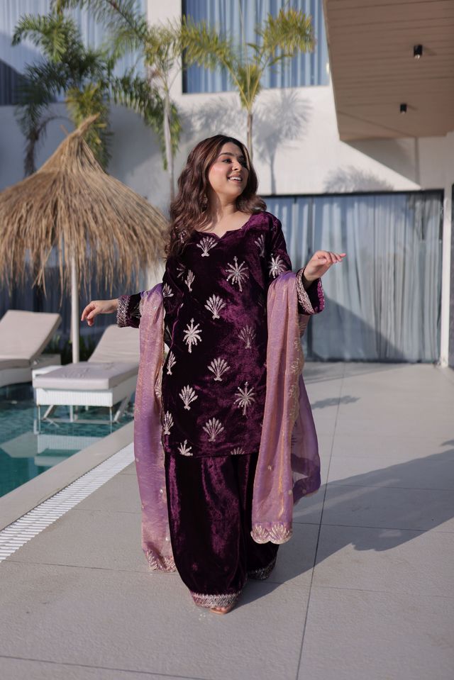 Wine Color Ice Velvet Fabric Ethnic Heavy Embroidered Ceremonial Suit With Dupatta
