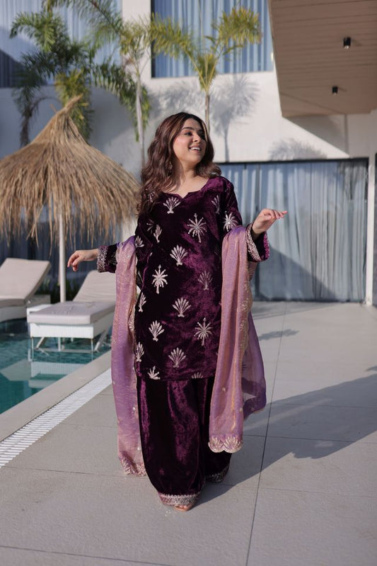 Wine Color Ice Velvet Fabric Ethnic Heavy Embroidered Ceremonial Suit With Dupatta