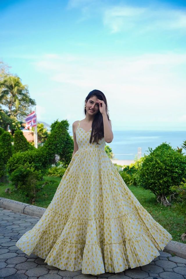 Party wear readymade muslin gown collection digital printed work  Cream