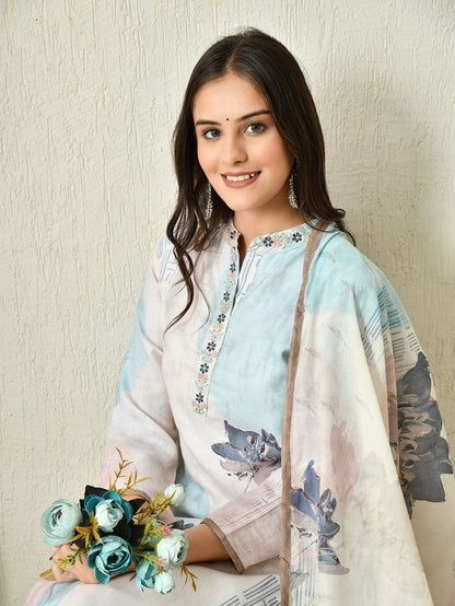 Off White Color Linen Fabric Designer Partywear Readymade Suit