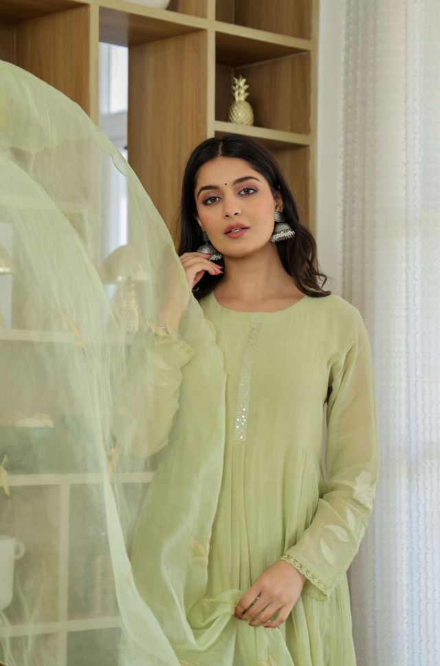 Pista Color Chanderi Silk Fabric Designer Ethnic Readymade Kurta Set