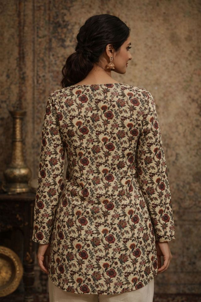 Cream Color Designer Digital Printed Muslin Fabric Foral Ethnic Kurta