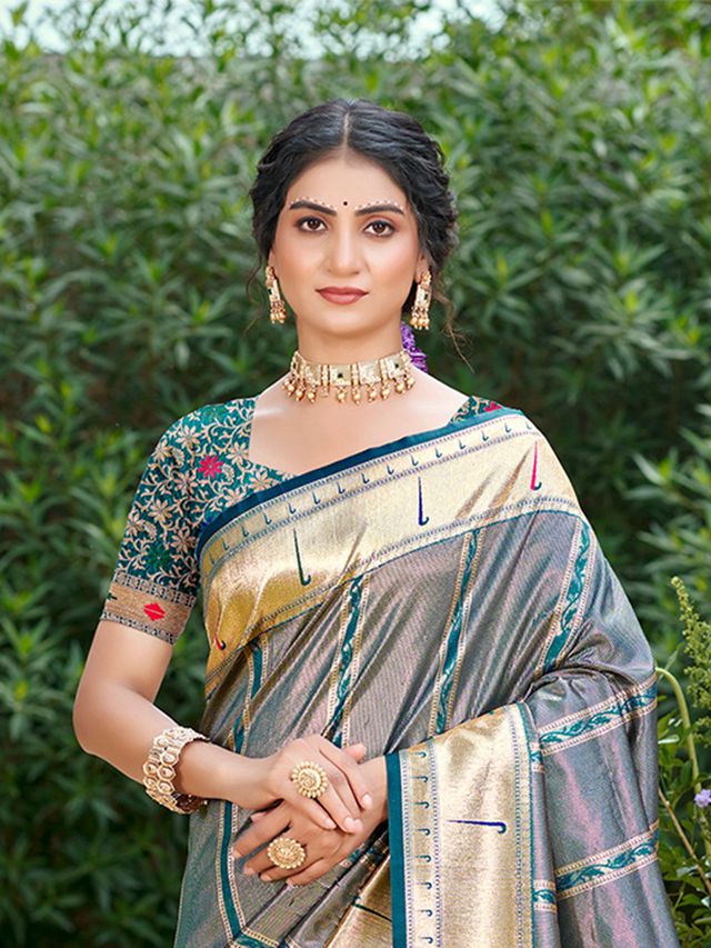 Woven Meenakari Designer Gray Color Ethnic Partywear Saree