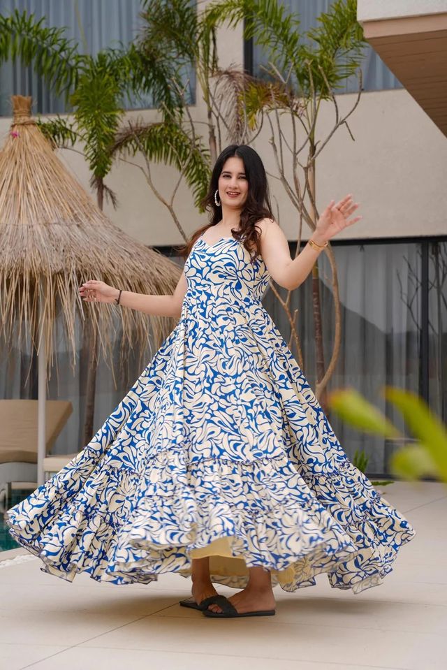 Blue Color Cambric Cotton Fabric Designer Partywear Gown For Trendy Girlie Looks