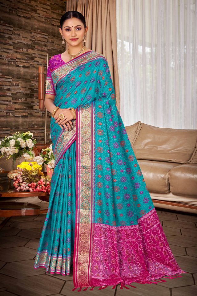 Firozi Color Ethnic Patola Silk Fabric Beautiful Festive Saree