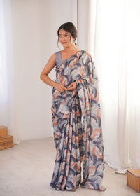 Grey Color Chinon Fabric Digital Printed Partywear Ceremonial Saree