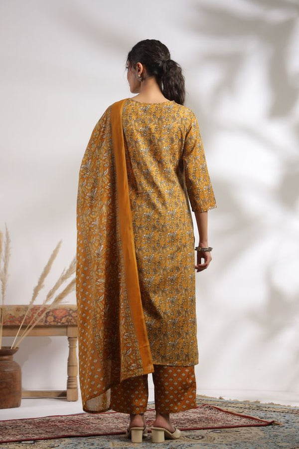 Mustard Color Cotton Fabric Stylish And Trendy Kurta Set For Ethnic Girls