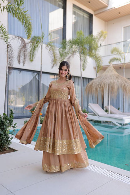 Chiku Color Super Silk Fabric Beautiful Ceremonial Suit With Dupatta
