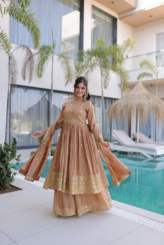 Chiku Color Super Silk Fabric Beautiful Ceremonial Suit With Dupatta