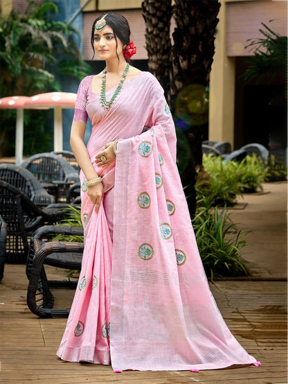 Baby Pink Color Linen Fabric Woven Designer Saree With Floral Embroidered Work