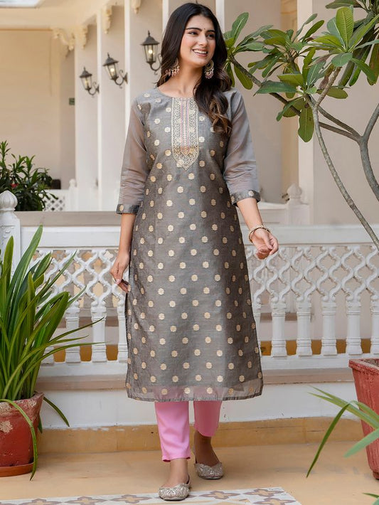 Grey Color Beautiful Silk Blend Fabric Sophisticated Kurta For Girls